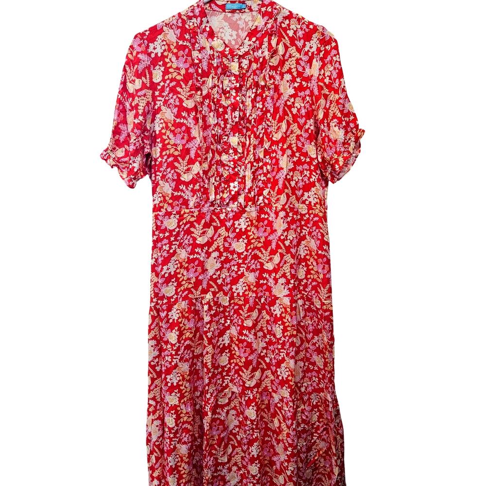 J McLaughlin Red Floral Ruched Short Sleeve Peasant Midi Dress Medium Cottage